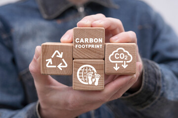 Man holding wooden cubes with icons and inscription: CARBON FOOTPRINT. Problem of impact of human activity on the landscape and nature in general. Carbon Footprint and Eco Friendly Concept.