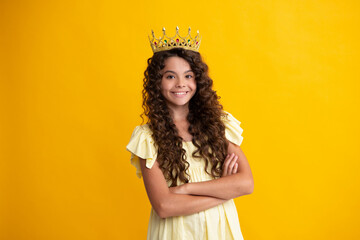 Girls party, funny kid in crown. Child queen wear diadem tiara. Cute little princess portrait....