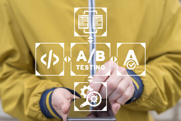 Man using smartphone and virtual touchscreen sees inscription: A/B TESTING. AB testing wireframe...