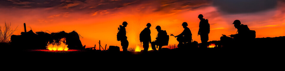 Fototapeta na wymiar Captivating image of soldiers' silhouettes around a warm campfire, contrasting with twilight sky, evoking camaraderie and emotion for military-themed marketing. Generative AI