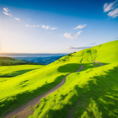 Obraz premium 青空と緑の大地と道 Generative AI