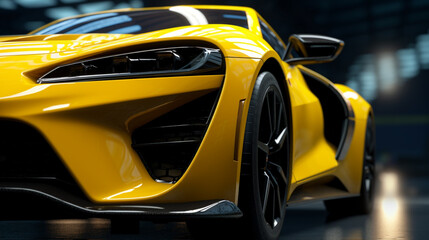 Closeup on front of generic and unbranded car A super yellow sports car background wallpaper illustration. generative ai - obrazy, fototapety, plakaty