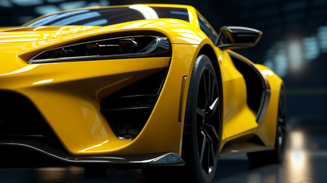 Closeup on front of generic and unbranded car A super yellow sports car background wallpaper illustration. generative ai