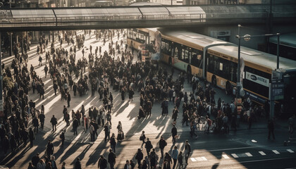 Fototapeta premium Busy city life, commuters rush through crowds generated by AI