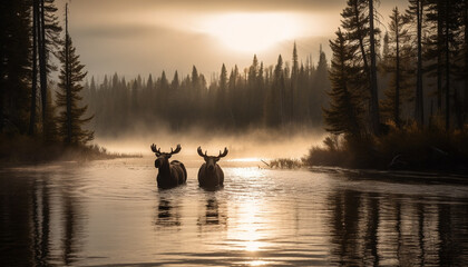 Naklejka premium Majestic elk silhouette in tranquil mountain landscape generated by AI