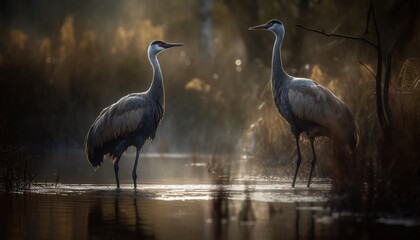 Fototapeta premium Stork standing in tranquil pond at sunset generated by AI