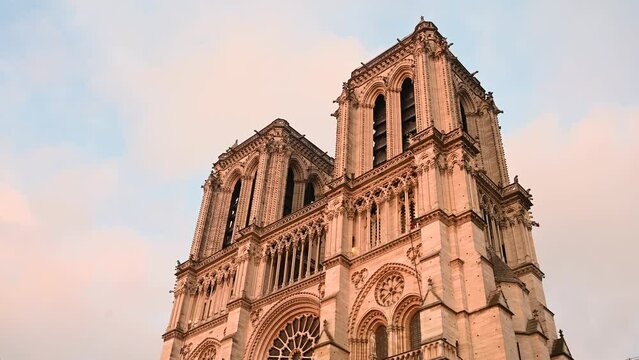 Paris, France: Notre Dame cathedral under reconstruction. Medieval catholic cathedral dedicated to Virgin Mary.
