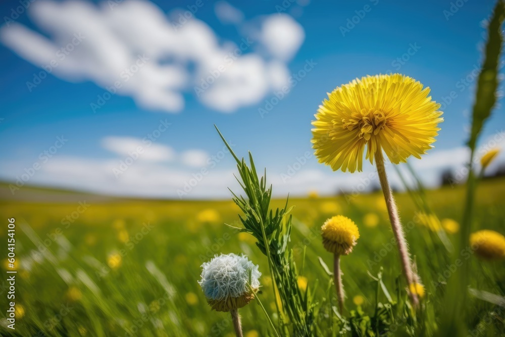 Poster two dandelions standing tall in a lush green field. Generative AI