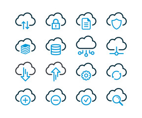 Computer cloud icons set vector. Cloud service and technology line icons. Cloud network and data vector linear icon set.