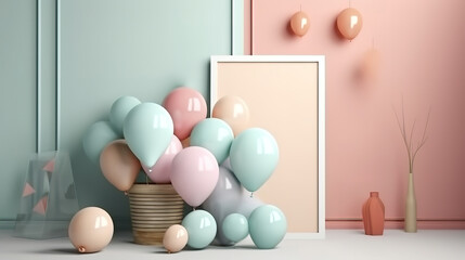 Mock up poster in interior background with pastel balloons. Generative Ai