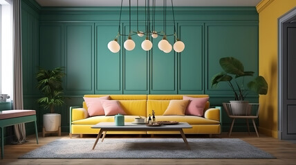 Modern living room, 3d render, Bright color. Generative Ai