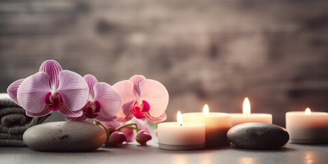 Obraz na płótnie Canvas Spa still life background. Candles and orchid flower on the water background. AI Generative