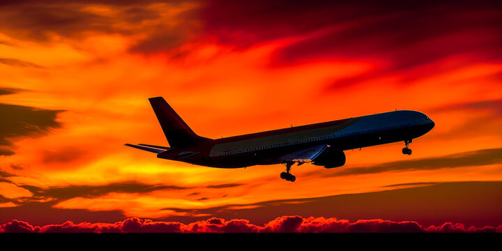 Stunning aerial image captures plane silhouette against vivid, multicolored sky at sunset with bold reds, oranges, and yellows evoking adventure, wonder & dream vacations. Generative AI