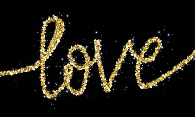 The word love written in one line with the stars on the black background