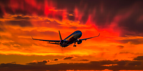 Fototapeta na wymiar Stunning airplane silhouette against vibrant multicolored sky with vivid red, orange, and yellow hues at sunset, evoking feelings of adventure and wonder for dream vacations. Generative AI