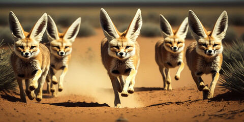 Captivating image of five fierce fennecs with open jaws, charging towards the viewer in the savannah. Realistic style evokes emotion and a sense of action. License now! Generative AI