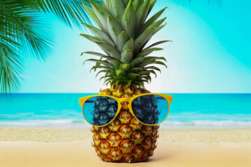 
Pineapple with sunglasses on the beach, generative ai