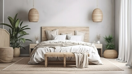 Mockup frame in bedroom interior background, Coastal boho style. Generative Ai