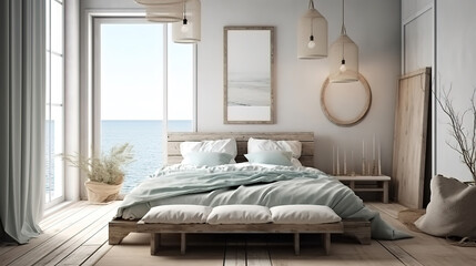 Mockup frame in bedroom interior background, Coastal boho style. Generative Ai