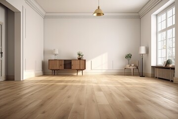 Mockup of an empty living room with a white painted wall and a brown old wooden floor. can be applied to interior design. Generative AI - obrazy, fototapety, plakaty