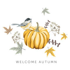 Welcome Autumn design template print. Yellow pumpkin, maple leaves, small chickadee bird, white background. Vector illustration. October harvest background. Fall season