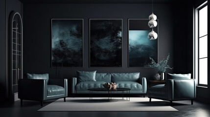 Modern dark interior with black picture frame, 3d render, Bright color. Generative Ai
