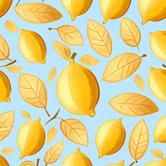 Seamless background of lemons and yellow leaves. Generative AI.