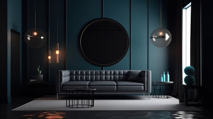 Modern dark interior with black picture frame, 3d render, Bright color. Generative Ai