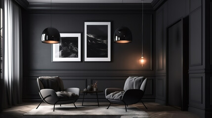 Picture frame mockup psd hanging in a modern living room. Generative Ai