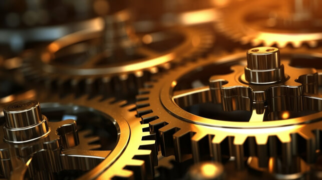machine parts, gear wheels, cogs and ball bearings against steel, blue toning concept ai