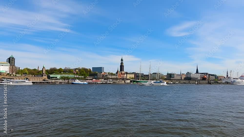 Wall mural Aerial view across Elbe river over city of Hamburg, Germany. - Wall murals