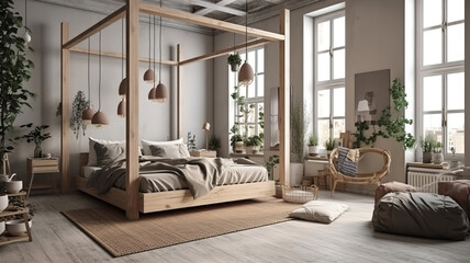 Open bedroom with living room, Scandinavian bohemian style. Generative Ai