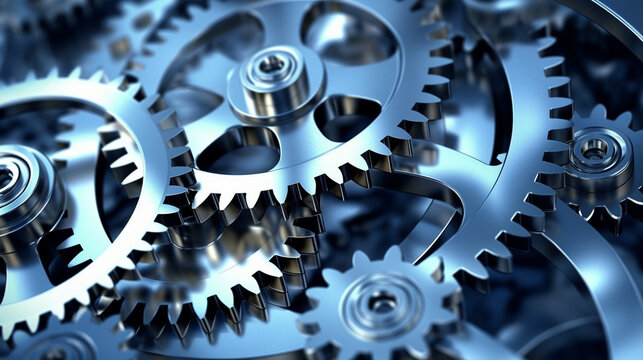 machine parts, gear wheels, cogs and ball bearings against steel, blue toning concept ai