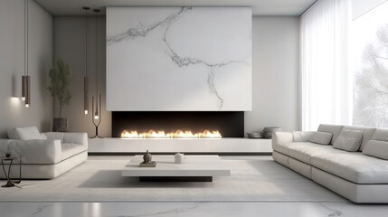 Spacious white living room with modern fireplace, lounge are. Generative Ai