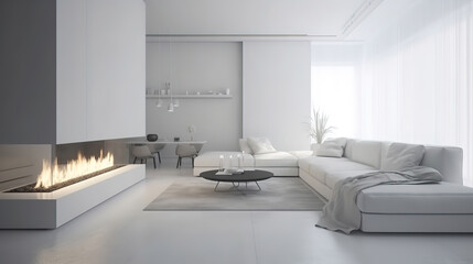Interior of modern design white room with fireplace 3d rendering. Generative Ai