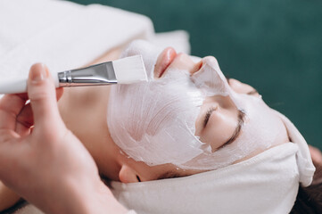 The cosmetologist applies a moisturizing mask to the client's face with a brush. A young woman lies relaxed in a spa. Close up.