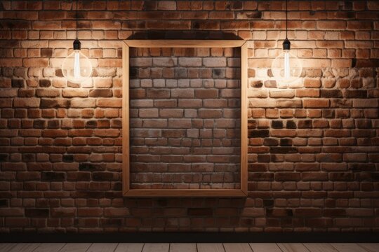 Mockup of a wooden picture frame with lights on a brick wall. Generative AI