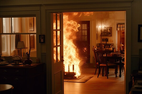 Dining room with furniture engulfed in flames in the house, created with Generative AI