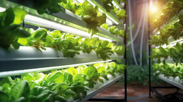 Hydroponics and Vertical farming concept. Efficient space utilization, year-round production. Sustainable, resource-efficient agriculture. Copy space. Banner. Generative AI