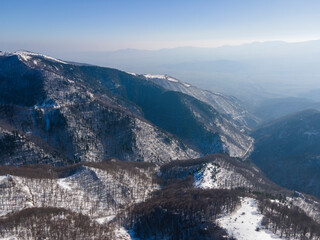 Aerial winter view of Balkan Mountains around Beklemeto pass, Bulgaria