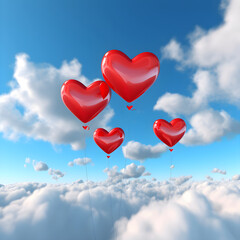 Plakat Generative AI, illustrations, Beautiful red air balloon heart shape against blue sky in a sunny bright morning.