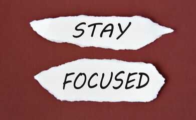 STAY FOCUSED - words on white torn pieces of paper on a burgundy background