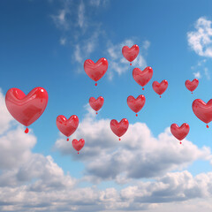 Plakat Generative AI, illustrations, Beautiful red air balloon heart shape against blue sky in a sunny bright morning.