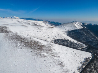 Aerial winter view of Balkan Mountains around Beklemeto pass, Bulgaria