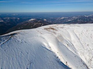 Aerial winter view of Balkan Mountains around Beklemeto pass, Bulgaria