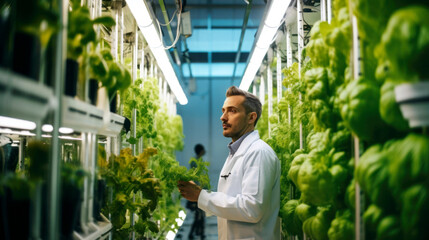 A man scientist analyzes and research in organic vegetables. Hydroponics and Vertical farming concept. Eco-friendly farming practices. Water and pesticide reduction. Copy space. Banner. Generative AI