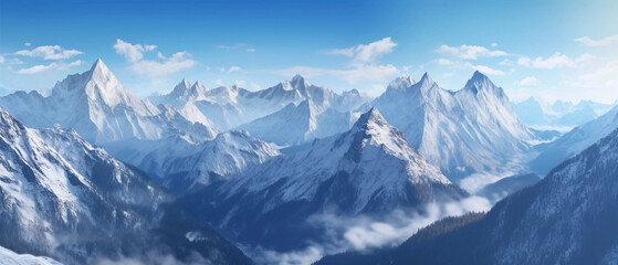 Majestic Landscapes:  a photo of a breathtaking mountain range with a clear blue sky and snow-capped peaks.