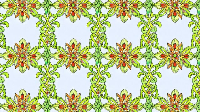 An abstract downward scrolling Art Nouveau floral weave pattern motion graphic background. Pattern designed with ai generated elements.