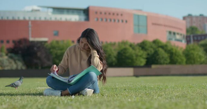 Young teenage Latina college student studying for an exam in an outdoor park with books