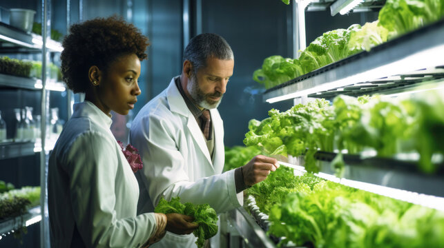 Scientists analyze organic vegetables. Hydroponics and vertical farming concepts. Advanced technologies and automated systems ensure optimal growing conditions. Copy space. Banner. Generative AI